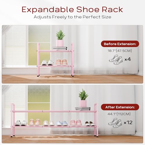 Bumusty 2-Tier Long Expandable Shoe Rack for Closet, 18"-44" Adjustable Shoe Rack for Entryway, 10-12 Pairs Large Shoe Organizer Shelf Storage, Sturdy Metal, Pink - color: Pink, size: 2-Tier