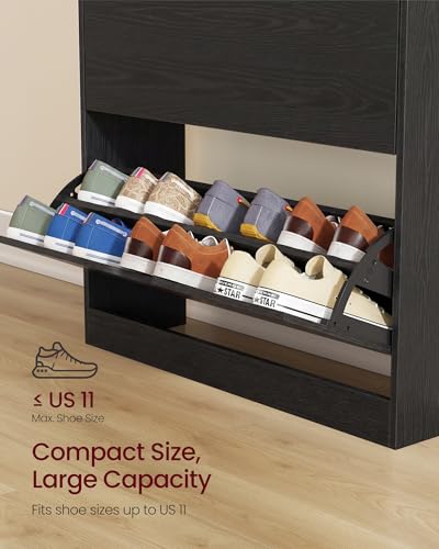 VASAGLE Custos Collection - Shoe Cabinet, Shoe Organizer, Open Compartment, Adjustable and Removable Dividers, 3 Flip Drawers, 9.4 x 31.5 x 54.5 Inches, for 21-24 Pairs, Ebony Black ULBC043BC01 - color: Ebony Black, size: 9.4"D x 31.5"W x 54.5"H, style: s