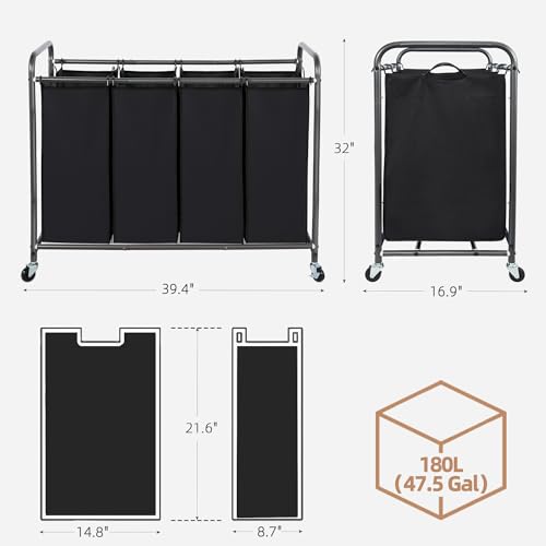 STORAGE MANIAC Laundry Sorter 4 Section, 47.8 Gal (181 L) Laundry Hamper with Wheels, Clothes Divider Basket Sorter, Clothes Separator Hamper Cart with Wheels and Removable Bags, Black - color: Black, size: 4 Section