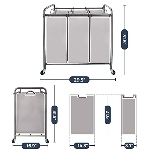 STO STO Laundry Sorter 3 Section, 3 Bag Clothes Hamper, Rolling Laundry Cart Basket with Heavy Duty Lockable Wheels and Removable Bag for Laundry Room, Bedroom, Closet, Gray - color: Gray, size: 3-Section