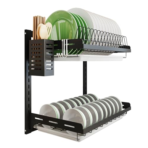 junyuan Kitchen Dish Rack,Hanging Dish Drying Rack Organizer Storage Shelf Over Sink,2 Tier Wall Mount Bowl Holder with Drain Tray and Silverware Stainless Steel Black Coating Ajustable Height - size: 2tier-Wall Mount