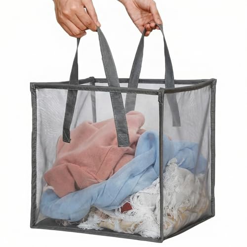 Zopeal 1 Pack Popup Laundry Hamper 13 Inch Collapsible Laundry Baskets with Handles Mesh Clothes Baskets Portable Single Layer Foldable Clothes Hamper Square Bin for Washing (Grey,Single-layer) - color: Grey, size: Single-layer