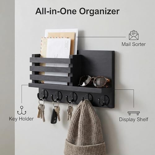 Wall Key and Mail Holder, Mail Organizer with 5 Metal Key Hooks, Selected Tung Wood, 11.8 x 6.7 inches, Includes mounting Hardware (Black) - color: Black