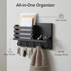Wall Key and Mail Holder, Mail Organizer with 5 Metal Key Hooks, Selected Tung Wood, 11.8 x 6.7 inches, Includes mounting Hardware (Black) - color: Black
