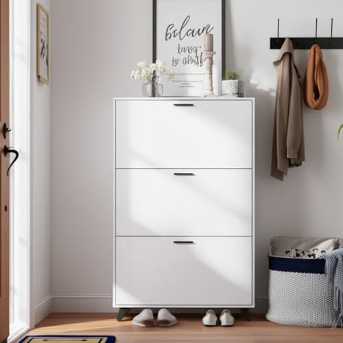 Anystyle White Shoe Storage Cabinet for Large Shoes, 3-Tier Adjustable Flip-Door Organizer, Space-Saving Wooden Cabinet for Entryway, Closet, Living Room, 31.5" W x 49.2" H - color: White