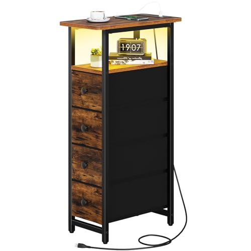 Yoobure LED Narrow Nightstand with Charging Station - Slim Dresser for Bedroom Narrow Side Table Storage Cabinet, Small Dressers Chest of Drawers, Tall Skinny Night Stand End Table for Small Spaces - color: Vintage Brown