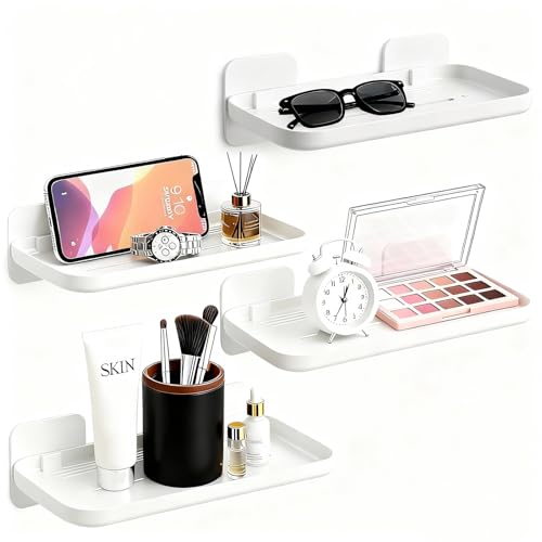 FAYYGYH 2 Pack Adhesive Floating Shelves No Drill Small Floating Shelf for Wall Storage Damage-Free Wall Mounted Organizer for Bathroom, Kitchen, Bedroom & Office (White-4pcs) - color: White-4pcs