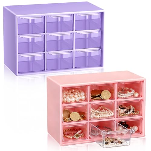 Wenqik 2 Pcs Mini Storage Drawers Teacher Toolbox Organizer with 9 Clear Drawers Small Plastic Desktop Teacher Desk Craft Organizer for Classroom Office 7" x 3. 9" x 4. 7" (Purple, Pink) - color: Purple, Pink
