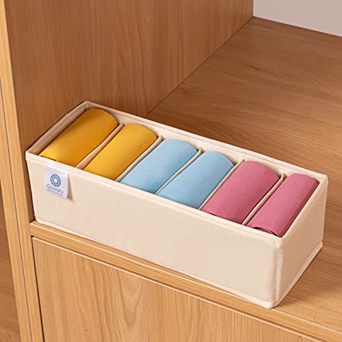 Qozary 3 Pack Sock Underwear Drawer Organizer Dividers, Collapsible Cabinet Closet Storage Boxes for Clothes, Socks, Lingerie, Underwear, Tie, Belt, Baby, Bedroom - color: Beige, size: 6 Cells