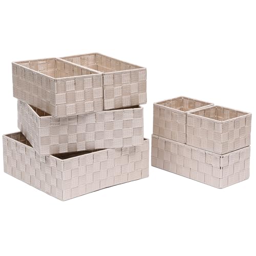 Storage Bins Woven Organizer Set of 7 – Polypropylene Storage Baskets with Metal Frame, Stackable Fabric Boxes for Drawers, Closet, Shelf, Nursery and Office, Beige - color: Beige, size: 7PCS-without lid