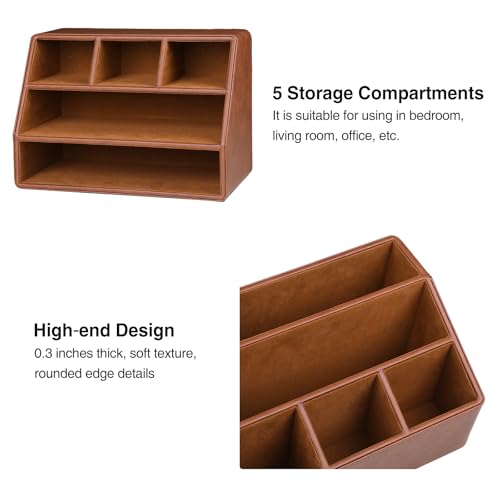PU Leather Desk Organizer, Luxury Remote Control Holder for Home, Office Desk Accessories Table Caddy Bedside Nightstand Organizer (Brown) - color: Brown