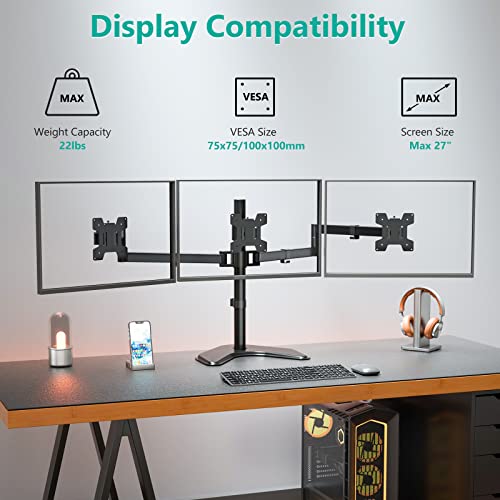 WALI Triple Monitor Stand, Free Standing Three LCD Monitor Fully Adjustable Desk Mount Fits 3 Screens up to 27 inch, 22 lbs Weight Capacity per Arm (MF003), Black - size: Triple, style: Free-Standing