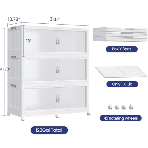 120GAL Plastic Storage Bins with Lid, 480QT Extra Large Stackable Closet Organizers and Storage, Collapsible Storage Boxes with Wheels, Folding Cabinet for Home Kitchen Office, 3Pack White - color: 40Gal-White, style: 3Pack