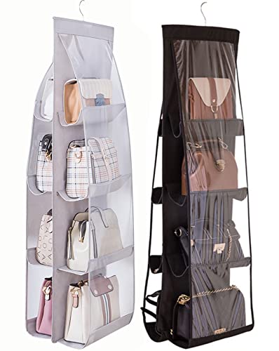 AARAINBOW 2 Packs Hanging Handbag Purse Organizer, Handbag Organizer for Closets, 8 Easy Access Pockets, Womens Purse Storage Organizers, Wardrobe Closet Organizers, 46 L x 13.8W (B Black Gray) - color: B Black Gray