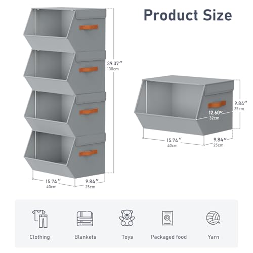 Stackable Closet Organizers and Storage Bins, Open Front Closet Shelf Organizer System With Steel Frame, Clothes Storage Basket Fabric, Collapsible Closet Drawers for Wardrobe, Nursery ,Toy, 4 Pack - color: Grey, size: 11.4 x 12.6 x 9.8. - 4 Pack