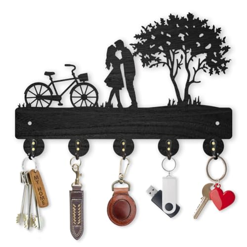 MAYJOYDIY Bicycle Couple Tree Coat Rack Wall Mount 11.8x7.9in Key Holder Decorative Wooden Coat Hanger Key Rack 5 Alloy Hooks for Valentine's Day Gift Wall Art Decor - color: Bicycle Couple Tree