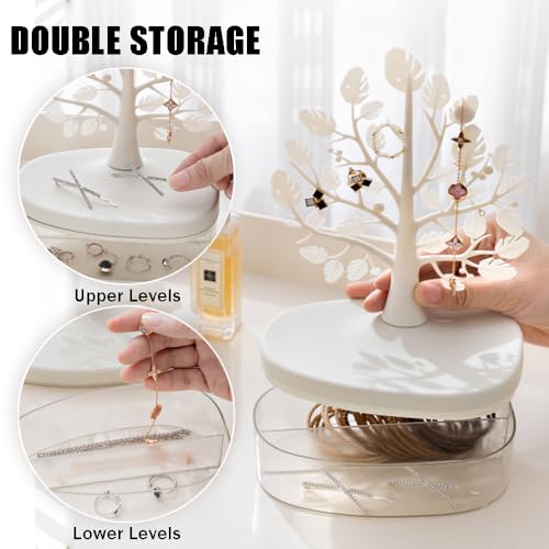 OULIGET Jewelry Display Tree Necklace Earring Organizer Holder,Tree Tower Rack with Storage Box Drawer,Double Shelf Hanging Organizer for Ring Earrings Necklace Bracelet Key - color: White Double