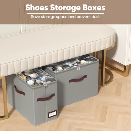 OIAHOMY 2 Pack Shoe Organizer for Closet, Foldable Shoe Storage Bins with Adjustable Dividers, Stackable Oxford Cloth Sneaker Boxes for Entryway Bedroom, Fits Up to 16 Pairs, Grey - color: Grey, size: 2 Pack