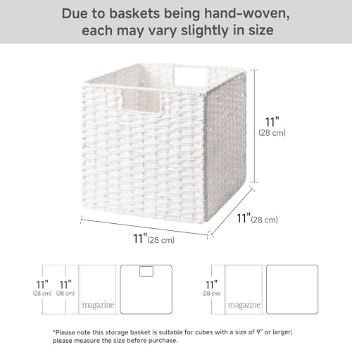StorageWorks 11 inch Wicker Storage Cubes, Handwoven Cube Storage Bin, Square Cubes Basket, Foldable Paper Rope Basket for Organizing, White, 2 Pack - color: White, size: 11"L x 11"W x 11"H