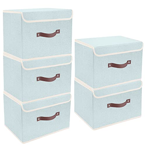 TYEERS Foldable Storage Boxes with Lids 5 Pack Fabric Storage Bins with Lids, Closet Organizers for Clothes Storage, Room Organization, Office Storage, Toys - Aqua Spring - color: Aqua Spring, size: 5-pcs 14.9x9.8x9.8 in