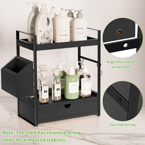 2-Tier Bathroom Counter Organizer with Drawer and Basket, Wood Countertop Organizer for Storage, Skincare Organizers for Vanity, Counter Shelf for Bathroom Organization, Black - color: Black