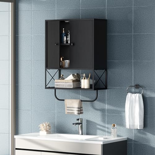 MAHANCRIS Bathroom Wall Cabinet with 2 Door and Adjustable Shelf, Farmhouse Medicine Cabinet with Towel Rack, 3-Tier Wall Mounted Storage Cabinet Over The Toilet for Bathroom, 18.9" L, Black - color: Black, size: 18.9"L x 7.9"W x 26.1"H