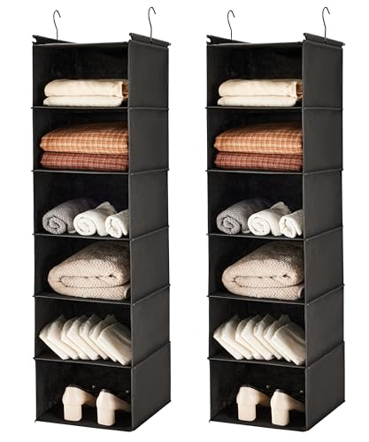 MAX Houser 6 Tier Shelf Hanging Closet Organizer, Closet Hanging Shelf with 2 Sturdy Hooks for Storage, 2 Pack, Foldable (Black) - color: Black-2
