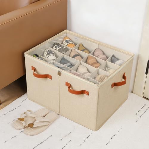 TOPIA HOME Shoe Organizer for Closet, Foldable Shoe Box with Adjustable Dividers and Clear Cover, Space Saving Shoe Storage Organizer Cabinet with Reinforced Handles, Fits 16 Pairs TP09J - color: Jute, size: Large(20.87''L x 16.54''W x 13.5''H)