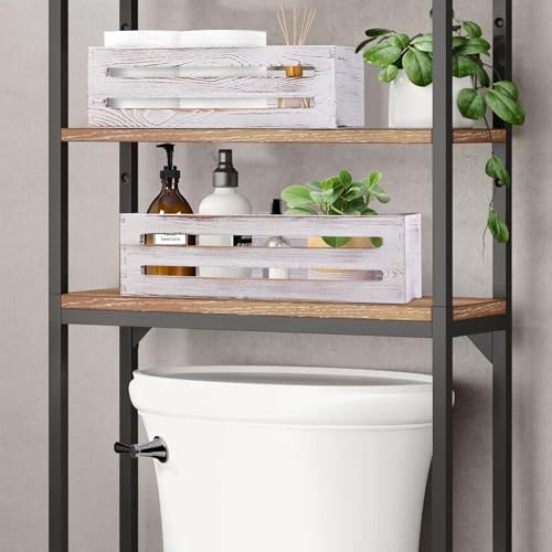 LotFancy Bathroom Decor Box, 2 Pack Wooden Toilet Paper Holder, White Toilet Storage Basket for Back of Toilet, Farmhouse Toilet Tank Topper - color: White (Hollowed-out)
