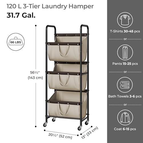 GRANNY SAYS 3 Tier Laundry Sorter, Laundry Basket with Wheels, Laundry Room Organization and Storage, 3 Section Rolling Laundry Cart for Dorm, Bathroom, Bedroom, Closet, Light Khaki - color: Light Khaki