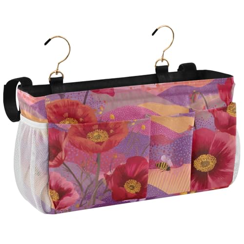 Bedside Caddy Metal Frame Hanging Organizer Bunk Bed Dorm Accessories Hook And Loop Storage Bag Large Pockets Dotty Poppy Flowers and Bees - color: Dotty Poppy Flowers and Bees