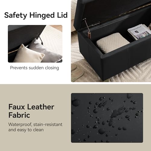 WUTUTUEE 41" Faux Leather Storage Ottoman, Stitch Tufted Rectangle Upholstered End of Bed Storage Bench, Entryway Large Couch Ottoman with Wooden Legs, Dark Black - color: Dark Black, size: 41 Inch