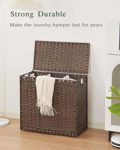 SETVSON Laundry Hamper with Lid Laundry Basket 132 L (35 Gal) Wicker Clothes Hamper, Handwoven Rattan Hamper with Handles and 4 Removable Liner Bags, 6 Mesh Bags for Laundry Bedroom Brown - color: Brown, size: 35.0 Gal