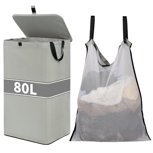 80L Large Laundry Hamper with Lid, Foldable Laundry Bag for Washing Machine with Removable Inner Bag, Dirty Hampers for Bedroom, Bathroom,Laundry Room, College (Grey) - color: Grey