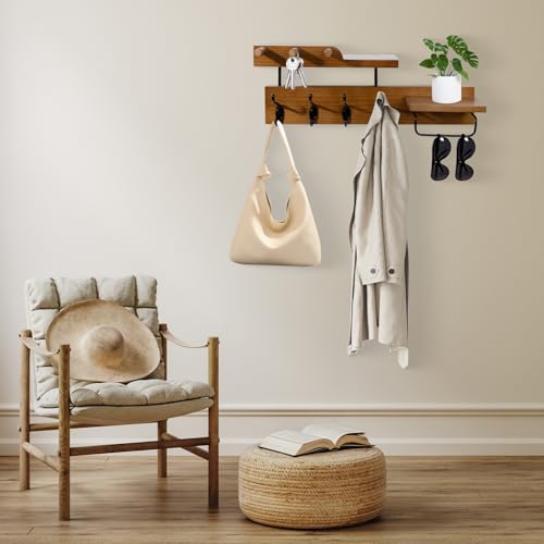 Coat Rack Wall Mount with Shelf, 4 in 1 Wood Coat Hooks with Key and Mail Holder, 17 Inch Entryway Hanging Shelf with Sunglasses Holder and 4 Metal Hooks for Clothes Hats Bag, Brown - color: Brown