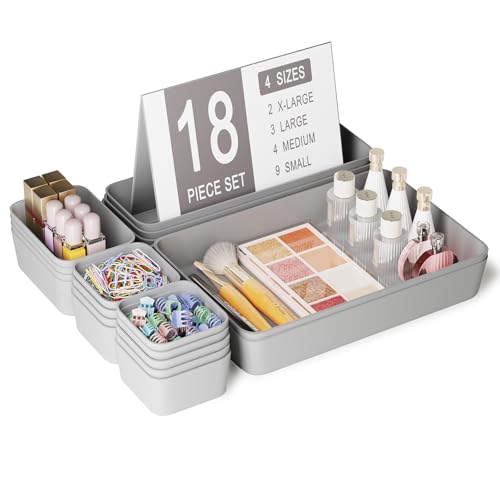 18 pcs Desk Drawer Organizer Tray, Multiple Sizes Plastic Drawer Organizer Storage, Stackable Organizer Containers For Makeup, Bedroom, Kitchen Gadgets Utensils and Office - color: Gray, size: 18pcs