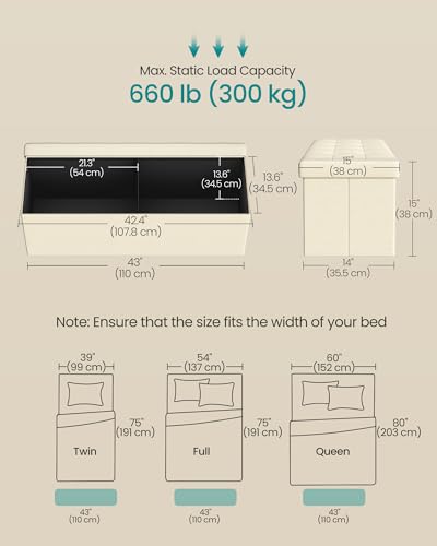 SONGMICS MAZIE Collection - 43 Inches Folding Storage Ottoman Bench, Ottoman Foot Rest, End of Bed Bench, Storage Chest, Load 660 lb, for Living Room, Bedroom, Entryway, Cream White ULSF77BE - color: Cream White, size: 15"D x 43"W x 15"H