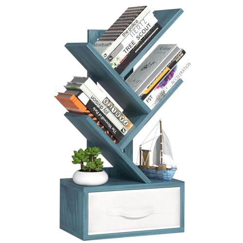 SHEEPAM Small Book Shelf with Drawer,4 Tier Black Tree Bookshelf,Blue Desktop Bookcase,Modern Desk Display Storage Bookshelves,Floor Standing Organizer Bookcases for Living Room,Bedroom,Office - color: Navy Blue, size: 4 Tier