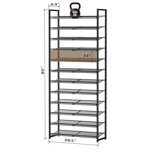Shoe Rack, 12-Tier Metal Shoe Organizer, Tall Shoe Rack for Closet,entryway,Garage, with Adjustable Flat or Angled Shelves, 52-60 Pairs,Shoes that can accommodate The Whole Family. - color: Black, size: 12Tier