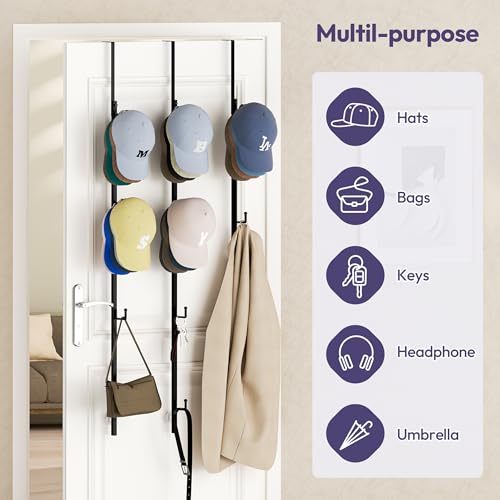 SWTYMIKI Over Door Hat Rack - 3 Packs Metal Hanging Hat Organizer with 12 Hooks Design, Baseball Cap Hanger Organizer Storage Holds up to 60 Caps for Door, Bedroom, Closet - color: black, size: 3 Pack