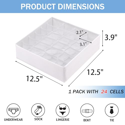 Foldable Storage Cubes Drawer Underwear Organizer Dividers， under Cabinet Organizer 24-Cell Fabric Storage Boxes for Lingerie,Socks,Ties （White） - color: White