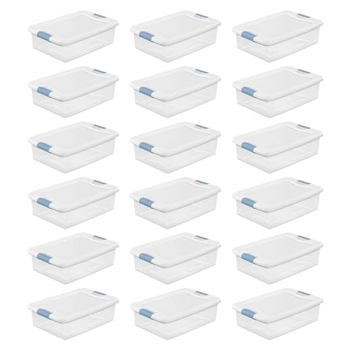 Sterilite 32 Qt Latching Storage Box, Stackable Bin with Latch Lid, Organize Linens, Towels, Clothing in Home Closet, Clear with White Lid, 18-Pack - size: 32 Quart, style: 18 Pack
