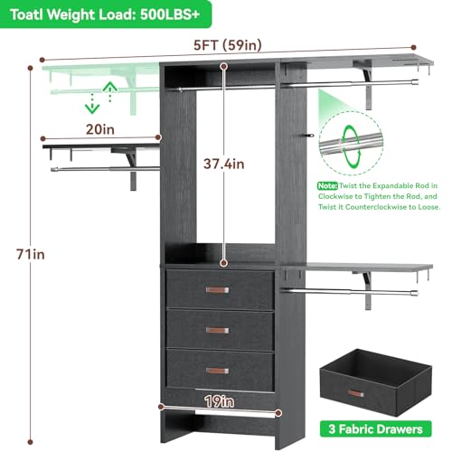 Armocity 5FT Small Closet System with 3 Fabric Drawers, 60 Inches Walk In Closet Organizer System With 3 Adjustable Shelves, Heavy Duty Clothes Rack Built-In Garment Rack, 59" L x 16" W x 71" H, Black - color: Black