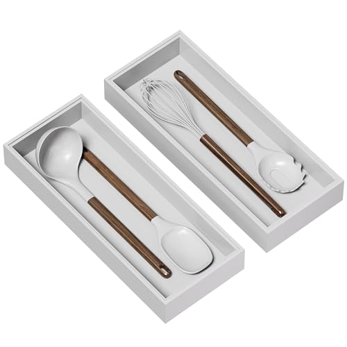 Lixple Kitchen Drawer Organizer - 2 Pack, Stackable Bamboo Drawer Organizers, Wooden Storage Box Tray for Cabinet, Pantry, Bathroom Countertop, Multi-use Organization and Storage (White) - color: White, size: 15 x 6 x 2 Inch