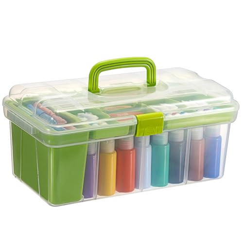 JUXYES Plastic Clear Craft Paint Bottle Storage Box with Divided Tray and Cleaning Cup, Portable Acrylic Paint Storage Organizer Case with Lid, Storage 36 Bottles of 2 fl. oz Acrylic Paints, Green - color: Green