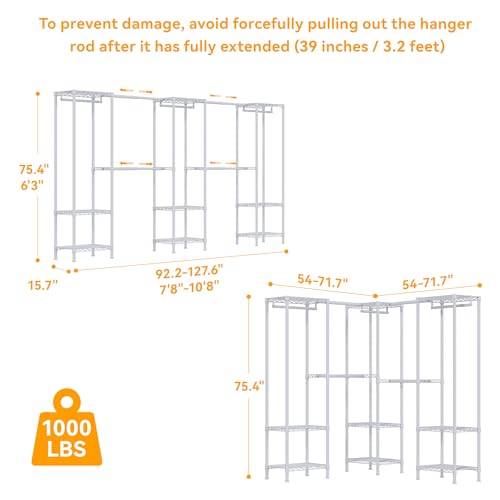 Higeego H11 Heavy Duty Garment Rack, Clothing Rack for Hanging Clothes, Extra Large Closet, Freestanding Wardrobe Closet Organizer and Storage with Hanger Rods, Extendable from 7.8 to 10.8 ft, White - color: White, style: 5 Row