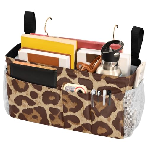 Bedside Caddy Metal Frame Hanging Organizer Bunk Bed Dorm Accessories Hook And Loop Storage Bag Large Pockets Light Leopard Print - color: Light Leopard Print