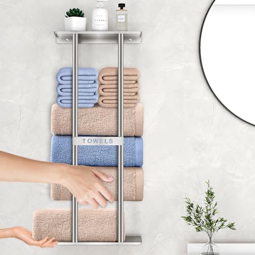 STWWO Bathroom Towel Storage for Bathroom, Wall Towel Rack for Rolled Towels, 30 inch Towel Holder Wall Mounted with Metal Shelf Can Holds 6 Large Towels, Brushed Nickel - color: Brushed Nickel, size: 30 IN