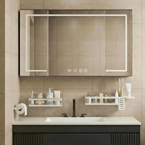 PUSDON 5-in-1 Shower Caddy & Kitchen Organizer Set, Wall Mount Wide Spice Rack with Paper Towel Holder, Utensil Holder, Soap Dish, Rustproof Mesh Baskets Hold 50LBS - White, Guardrail - color: White, size: 5-in-1 Minimalist (12.6" Wide)