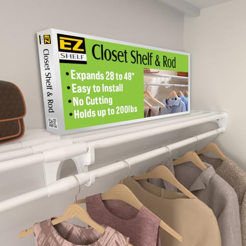 EZ SHELF Closet Shelf with Hanging Rod - 28-48” Expandable, White, Closet Shelves - Strong, Holds 200 lbs - DIY, Easy Install to 2 Side Walls - Alternative to Wire Shelving - color: White, size: 28-48 in